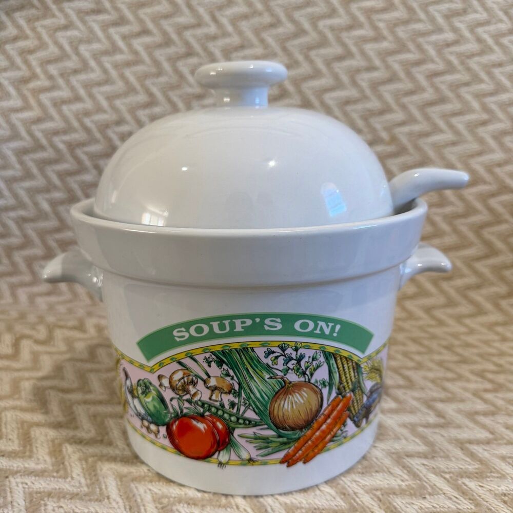 Vintage Himark Soups On Ceramic Crock w Ladle and Lid